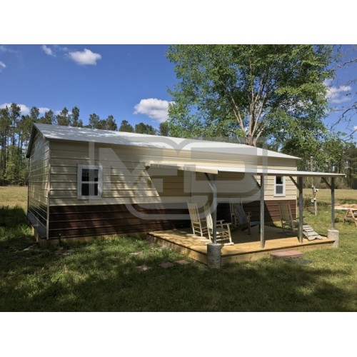 Metal Hunting Cabin | Boxed Eave Roof | 24W x 36L x 9H | Lean-to Porch